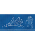 Macross VF-1 Valkyrie blueprint grid anime desk pad, fighter and Battroid views, 36x16 inches.