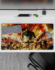 32x16 inches mouse pad with Eren, Levi, Mikasa, and Titans in a fiery warzone for chaotic power and explosive action.