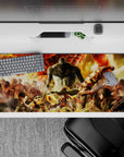 36x16 inches mouse pad with Eren Yeager, Levi, Mikasa, and Titans, set in a fiery warzone for explosive chaos and power.