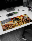 Artistic 36x16 inches mouse pad featuring Eren, Levi, Mikasa, and Titans in a fiery, chaotic warzone for a bold AOT vibe.