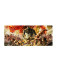 Mouse pad featuring Eren Yeager, 28x12 inches, with Levi, Mikasa, and Titans in a fiery, chaotic warzone for bold energy.