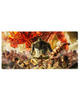 Mouse pad featuring Eren Yeager, 32x16 inches, with Levi, Mikasa, and Titans in a fiery warzone for intense AOT action.
