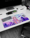 Pink twin-tail anime girl waving on rooftop, cozy cat-ear hoodie mouse pad 32x16 inches, crisp print.
