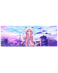32x12 inches anime girl mouse pad with pink-haired hoodie girl, pastel skyline rooftops, bubble dots.