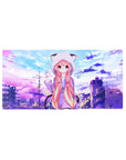 Anime girl mouse pad 32x16 inches with pink-haired girl in cat-ear hoodie, bubble dots, city rooftop sky.