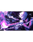 Desk pad featuring Satoru Gojo wielding violet energy, 40x20 inches, capturing his limitless power in an electrifying action-packed design from Jujutsu Kaisen.