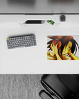 Warm gold glow anime mouse pad 14x10 inches, crisp white background, calm focus vibe with floating spirits.