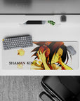 Warm golden mellow anime mouse pad 32x12 inches, calm focus vibe, crisp white background, glowing spirits.