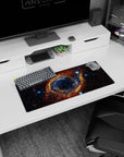 Huge cosmic eye nebula with bright star pinpoints mouse pad, 28x12 inches, deep space scene.