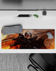 Intense 32x12 mouse pad features Jeanne d'Arc Alter's burning gaze and battlefield aura with intricate flame details