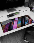 Deep space starfield desk pad 36x16 inches with tiny stars scattered across sleek diagonal slices.