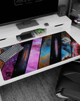 Deep space starfield desk pad 40x20 inches featuring tiny stars across sleek diagonal sections.