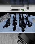 Moody nostalgia 40x20 desk pad with the Cowboy Bebop crew reflected in rain-soaked water, capturing fleeting moments and deep, cinematic anime aesthetics
