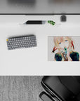 Gentle fantasy 14x10 inches anime mouse pad in blush, ribbon red, inky navy, with sparkly highlights.