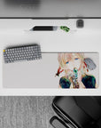 Calm fantasy anime girl mouse pad 32x12 inches in ribbon reds, inky navy, crisp highlights and negative space.