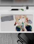 Cute fantasy anime girl mouse pad 32x16 inches in watery blues, ribbon reds, and inky navy.
