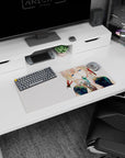 28x12 inches anime girl mouse pad featuring a mysterious girl holding a shiny teal gem to her lips, calm gaze.