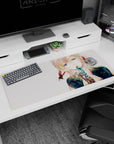 36x16 inches anime girl desk pad showing soft-haired girl holding a teal gem to her lips, calm gaze.