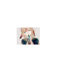 Classic anime girl mouse pad 14x10 inches with watery blue eyes, blush hair, teal jewel, clean space.