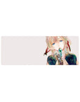 Anime girl mouse pad 32x12 inches with soft blush hair, blue eyes, teal jewel lips, navy outfit lines.