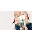 Gentle fantasy anime girl desk pad 40x20 inches with teal jewel, ribbon accents, and crisp highlights.