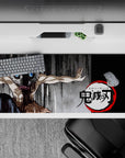 Inosuke from Demon Slayer on 36x16 inch desk pad, featuring boar mask, primal stance, and gritty charcoal background.