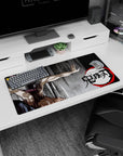 Anime mouse pad 32x16 inches featuring Inosuke from Demon Slayer with boar mask and primal stance on charcoal background.