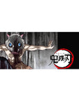 Anime desk pad 36x16 inches featuring Inosuke from Demon Slayer in iconic boar mask on a gritty charcoal background.
