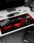 40x20 inches anime desk pad showing lone samurai silhouette by water, katana ready, wind curling.