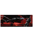 32x12 inches anime mouse pad with silhouetted swordsman, katana, wind ribbons, red sky, and tree.
