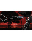 Anime desk pad 40x20 inches with silhouetted swordsman, katana, wind ribbons, tree, and red sky.