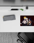 Wine-red backdrop anime mouse pad 14x10 inches, crisp white collars, red ribbons, cozy chaos vibe.