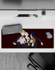 Wine-red anime mouse pad 32x12 inches, black uniforms, white collars, red ribbons, cozy late-night vibe.