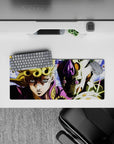 Compact 28x12 desk mat highlights Gold Experience Requiem's energy and Giorno's legacy for immersive vibes