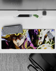 Intense 32x12 desk mat features Giorno and Gold Experience Requiem's iconic presence with intricate details