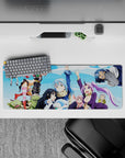 32x12 inches anime mouse pad in sky blue and clouds with hot pink hair and purple suit, playful vibe.