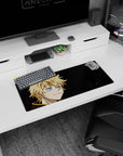 My Hero Academia mouse pad, 28x12 inches, featuring Luck Voltia design with bright blue eyes and battle-worn face for an electrifying desk vibe.