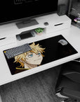 Modern 32x16 inches mouse pad featuring Luck Voltia design, with battle-worn face and bright blue eyes for an exciting, intense anime aesthetic.
