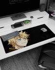 Artistic 36x16 inches mouse pad featuring Luck Voltia design, with his bright blue eyes and thrilling battle-worn face for an exciting, spirited look.