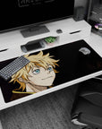 Large 40x20 inches mouse pad featuring Luck Voltia design, with a battle-worn face and electrifying blue eyes for a dynamic and intense vibe.