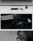 Moody teal-lit sci-fi anime girl mouse pad 32x16 inches in deep charcoal shadows, cinematic.