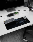 Cinematic profile of silver-haired android girl in armor, anime desk mat mouse pad 28x12 inches.