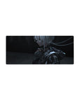 Anime girl mouse pad 28x12 inches with silver-haired android in glossy armor and cable ribbons.