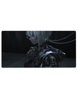 Anime girl mouse pad 32x16 inches with silver-haired android in glossy armor and cable ribbons.