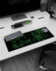 32x12 inches anime mouse pad showing a Gundam-style mobile suit schematic, parts floating in tidy chaos.