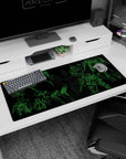 36x16 inches anime desk pad showing a Gundam-style mobile suit schematics scene, parts floating in order.