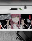 Psychological 36x16 desk pad with Makima's spiral eyes and eerie hands, creating a sinister and tense atmosphere for a psychological anime-inspired workspace