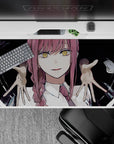 Sinister 40x20 desk pad with Makima's hypnotic spiral eyes and eerie hands, creating a dark and atmospheric design for fans of psychological anime