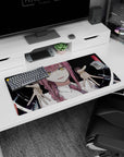 Psychological 32x16 mouse pad with Makima, the Control Devil, in a swirling dark atmosphere with hypnotic eyes and eerie hands for a chilling workspace vibe