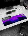 Artistic 32x12 inches mouse pad with moonlit mountains, using purple tones for a vibrant, calming workspace vibe.